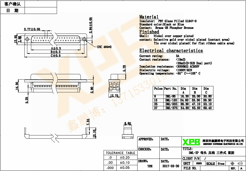 DML-9P 母頭 壓線三件式連接器規(guī)格書(shū) DML-9P 母頭 壓線三件式連接器規(guī)格書(shū)